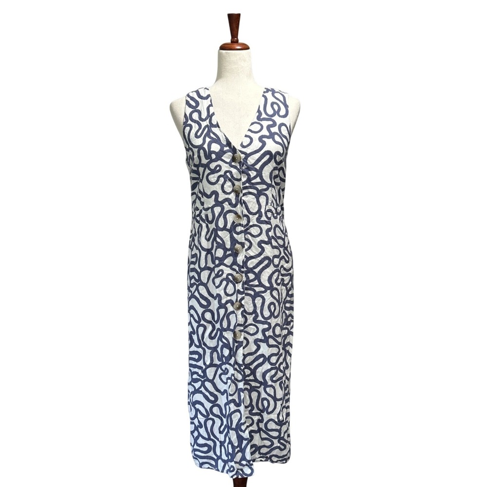 Every Women's Small Dress Woven Doodle Print V-Neck Sleeveless Button Front